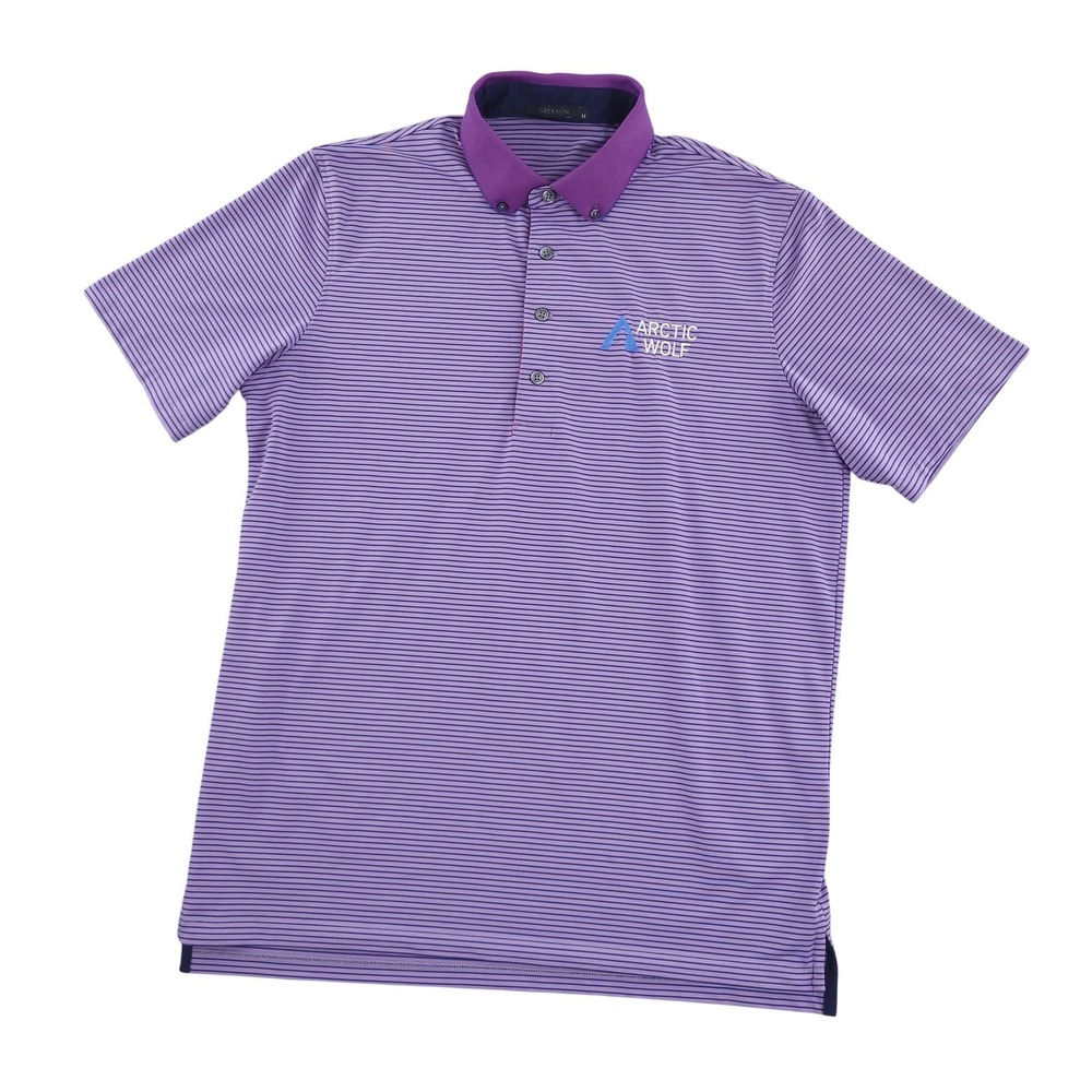 Greyson Polo Shirt Mens M Purple Stripe Arctic Wolf‎ Logo Golf Performance Top